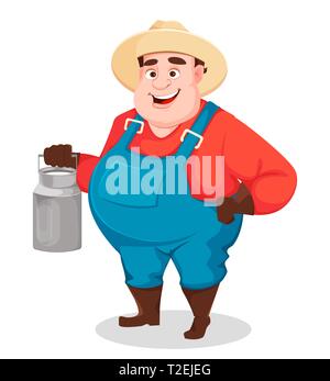 Fat farmer, agronomist. Funny gardener man cartoon character holding milk can. Vector illustration isolated on white background Stock Vector