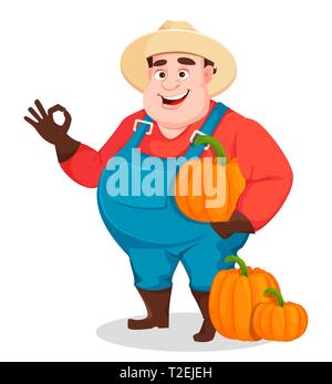 Fat farmer, agronomist. Funny gardener man cartoon character holding pumpkin. Vector illustration isolated on white background Stock Vector