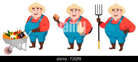 Fat farmer, agronomist, set of three poses. Funny gardener man cartoon character holding wheelbarrow with vegetable, holding egg and chicken and holdi Stock Vector