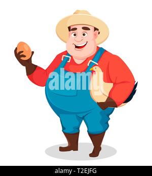 Fat farmer, agronomist. Funny gardener man cartoon character holding chicken and egg. Vector illustration isolated on white background Stock Vector
