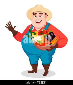 Fat farmer, agronomist. Funny gardener man cartoon character holding bowl of vegetables. Vector illustration isolated on white background Stock Vector