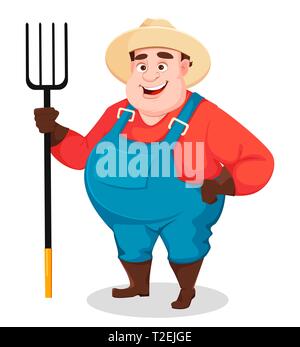 Fat farmer, agronomist. Funny gardener man cartoon character holding pitchfork. Vector illustration isolated on white background Stock Vector