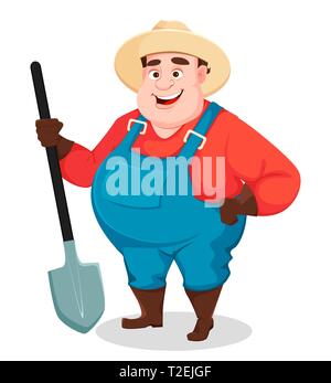 Fat farmer, agronomist. Funny gardener man cartoon character holding shovel. Vector illustration isolated on white background Stock Vector