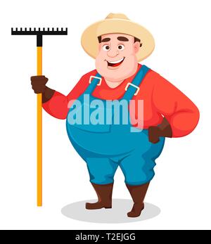 Fat farmer, agronomist. Funny gardener man cartoon character holding rake. Vector illustration isolated on white background Stock Vector