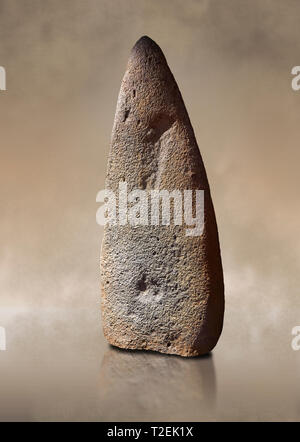 Late European Neolithic prehistoric Menhir standing stone which represents a standing figure. Excavated from Bau Carradore III site,  Laconi. Menhir M Stock Photo