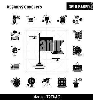 Business Concepts Solid Glyph Icons Set For Infographics, Mobile UX/UI Kit And Print Design. Include: Clipboard, Setting, Gear, Pencil, Monitor, Inter Stock Vector