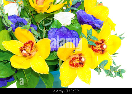beautiful holiday bouquet of yellow orchids and blue anemones isolated on white background. holiday card with floral background Stock Photo