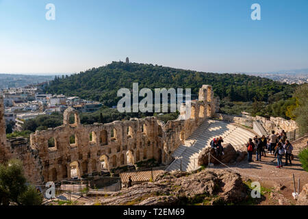 Europe Greece Athens Acropolis looking down on Odeon of Herodes Atticus amphitheater Stock Photo