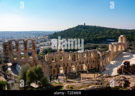 Europe Greece Athens Acropolis looking down on Odeon of Herodes Atticus amphitheater Stock Photo