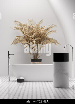 Bath room interior bathtub with wall white and wooden floor. 3d ...