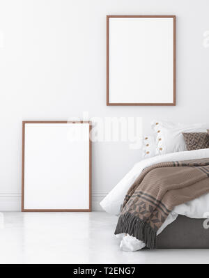 Mock-up poster frame in bedroom, Scandinavian style, 3d render Stock Photo