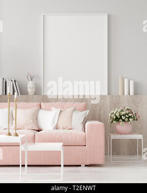 Mock up poster in warm home interior background, springtime, 3d render Stock Photo