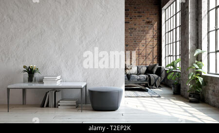 Living room loft in industrial style ,3d render Stock Photo