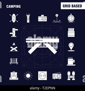 Camping Solid Glyph Icon Pack For Designers And Developers. Icons Of Bench, Camping, Outdoor, Travel, Camping, Match, Outdoor, Fire, Vector Stock Vector