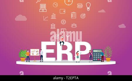 erp business concept with team people working together with big text and icon - vector illustration Stock Vector