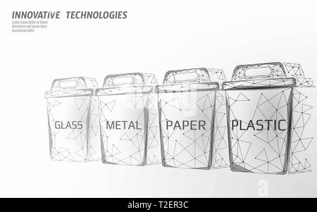Low poly waste separation 3D concept. Garbage recycle plastic aluminium paper glass container bin. Polygonal ecological save planet campaign. Urban tr Stock Vector