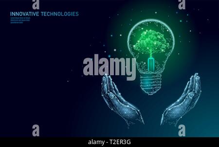 Two hands carrying light Bulb lamp saving energy ecology concept. Polygonal light blue sprout small plant seedling inside electricity green energy pow Stock Vector