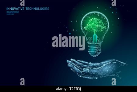 Hand holding light Bulb lamp saving energy ecology concept. Polygonal light blue sprout small plant seedling inside electricity green energy power ban Stock Vector