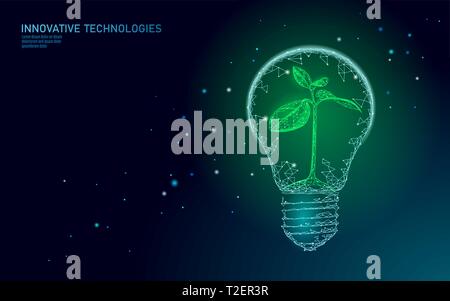 Light Bulb lamp saving energy ecology concept. Polygonal light blue sprout small plant seedling inside electricity green energy power banner vector il Stock Vector