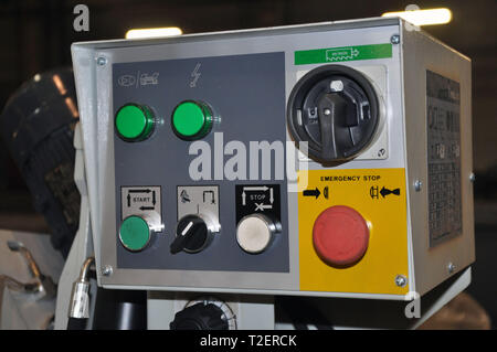 Control panel of the CNC lathe machine. Selective focus. Stock Photo