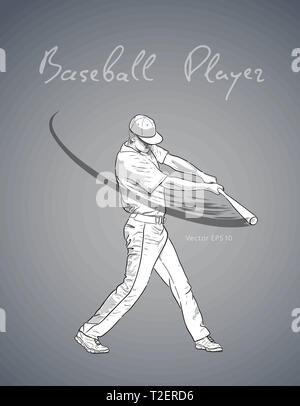 Illustration of a baseball player with bat hitting the ball. Vector hand drawn illustration Stock Vector
