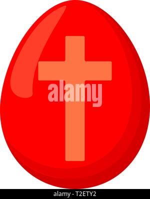 Cartoon red easter egg. Cross christianity symbol. Easter themed vector illustration for icon, stamp, label, certificate, brochure, gift card, poster, Stock Vector