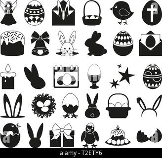 30 black and white easter elements set. Eggs, rabbits ans chicks. Spring themed vector illustration for stamp, label, certificate, brochure, gift card Stock Vector