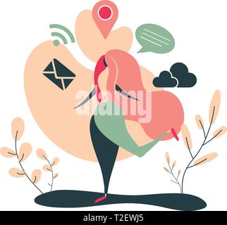 virtual relationships, online connect and social networking concept - girl on the Internet. Vector flat illustration. Flat design is perfect for use i Stock Vector