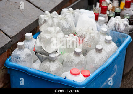 Plastic bottles left on the side of the road to be recycled in the UK Stock Photo