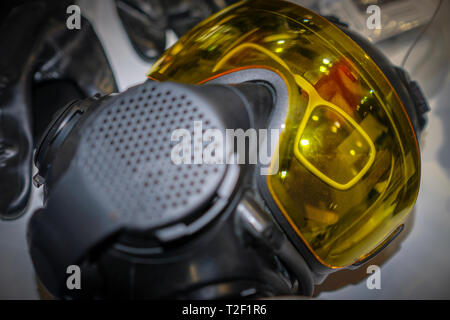 Hazardous environment gas mask with safety glass Stock Photo