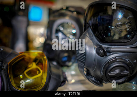 Hazardous environment gas mask with safety glass Stock Photo