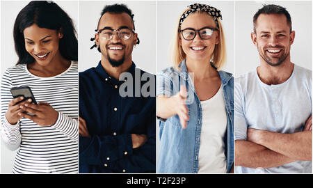 Collage of a smiling group of diverse young entrepreneurs going about their business while standing against a white background Stock Photo