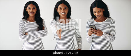 Collage of a smiling young African American female entrepreneur busy with her workday routine while standing against a white background Stock Photo