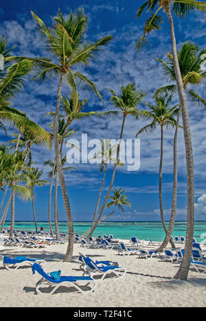 Tanning chairs with towels on a tropical resort's beach. Stock Photo