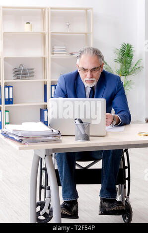 Aged employee in wheelchair working in the office Stock Photo