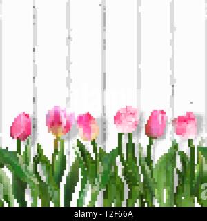 Fresh pink tulip flowers on wooden table. Seamless border. Realistic vector, 3d Stock Vector