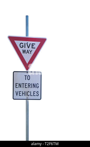 Give Way To Entering Vehicles Sign Isolated on White Background with Copy Space on the Right Side Stock Photo