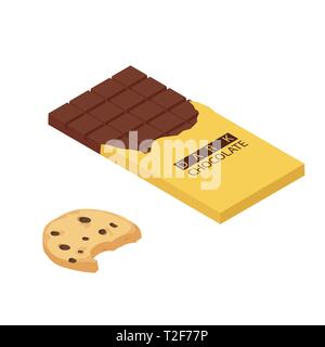 Isometric chocolate bar and chocolate chip cookie isolated on white bacground. White chocolate Stock Vector