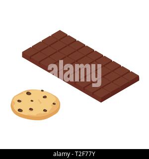 Isometric chocolate bar and chocolate chip cookie isolated on white bacground. White chocolate Stock Vector