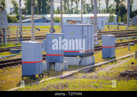 electric shields in Russia. electricity industry. gray shields. Russia, St Petersburg August 7 2018 Stock Photo