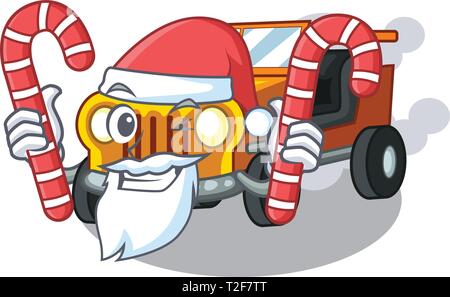 Santa with candy jeep cartoon car in front clemency vector illustration Stock Vector