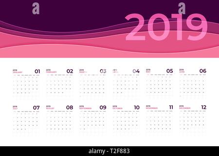 Calendar 2019 template. Calendar planning week. Stock Vector