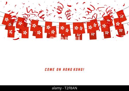 Hong Kong garland flag with confetti on white background, Hang bunting for Hong Kong celebration template banner. Stock Vector