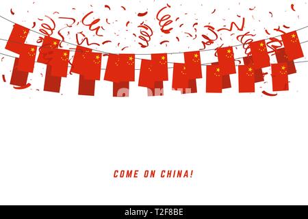 China garland flag with confetti on white background, Hang bunting for China celebration template banner. Stock Vector