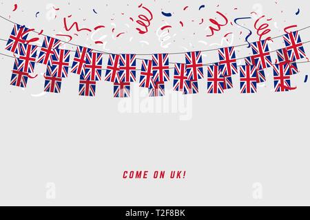 United Kingdom garland flag with confetti on gray background, Hang bunting for UK celebration template banner. Stock Vector