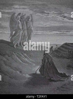 Genesis. Abraham and the Three Angels. The Bible. Genesis. Engraving by Gustave Dore, 1866. Stock Photo