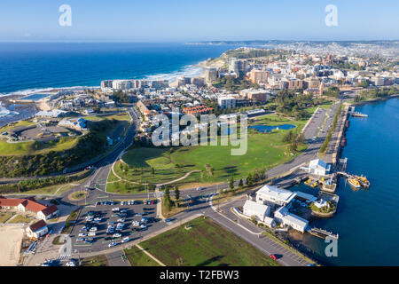 Aerial view of Newcastle NSW Australia. THis harbour side city is the second largest in NSW and is an important export harbour. Stock Photo