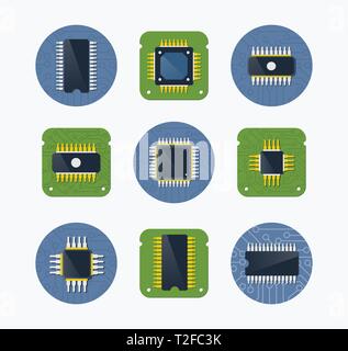Chip Device Of Technology Electronic Microchip Microcircuit Processor Circuit Microprocessor Of Computer Tech Hardware Stock Vector