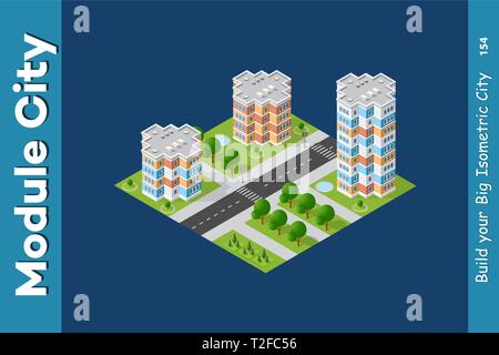 City isometric of urban infrastructure business. Vector building illustration of skyscraper and collection of urban elements architecture, home, const Stock Vector
