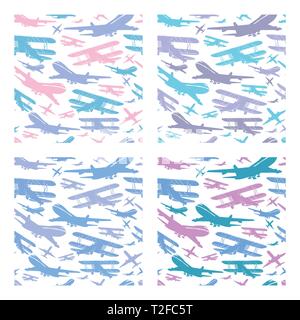 Set of retro airplane sky plane seamless pattern tiles backdrop vector backgrounds for design illustration of presentation and creativity Stock Vector
